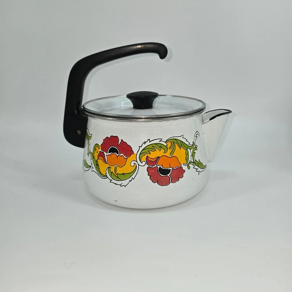Vintage Cer-A-Met Enamel Tea Kettle Retro Floral Rare Pattern Mod Poppy